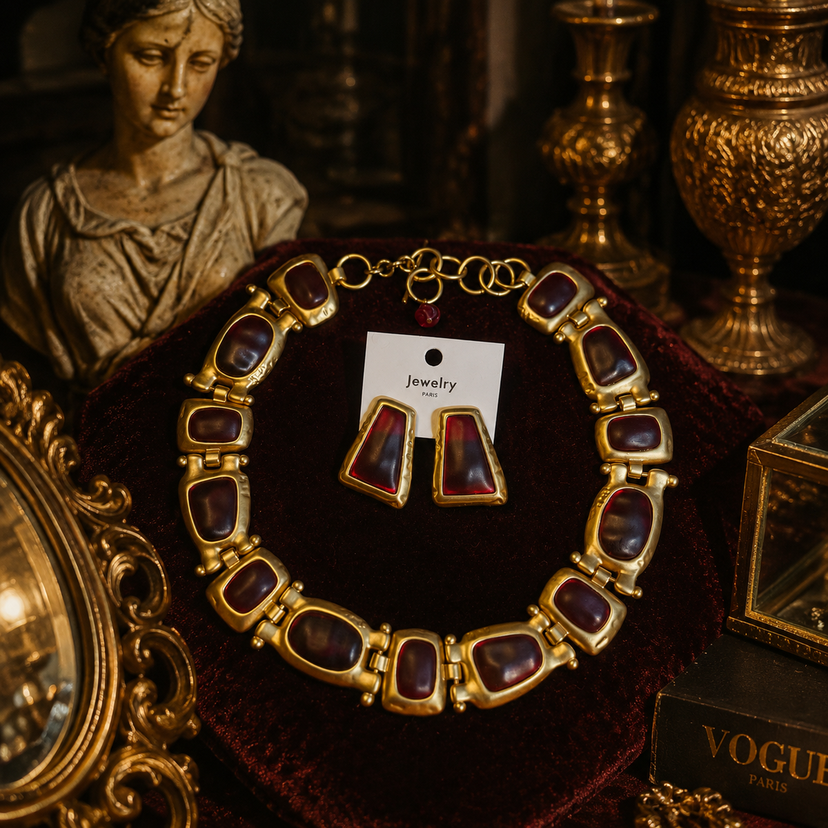 Gold-tone red stone-style necklace and two matching stud earrings on burgundy velvet
