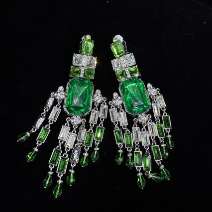 Style 1 Green geometric clip-on earrings with rectangular green accents and clear dangling details