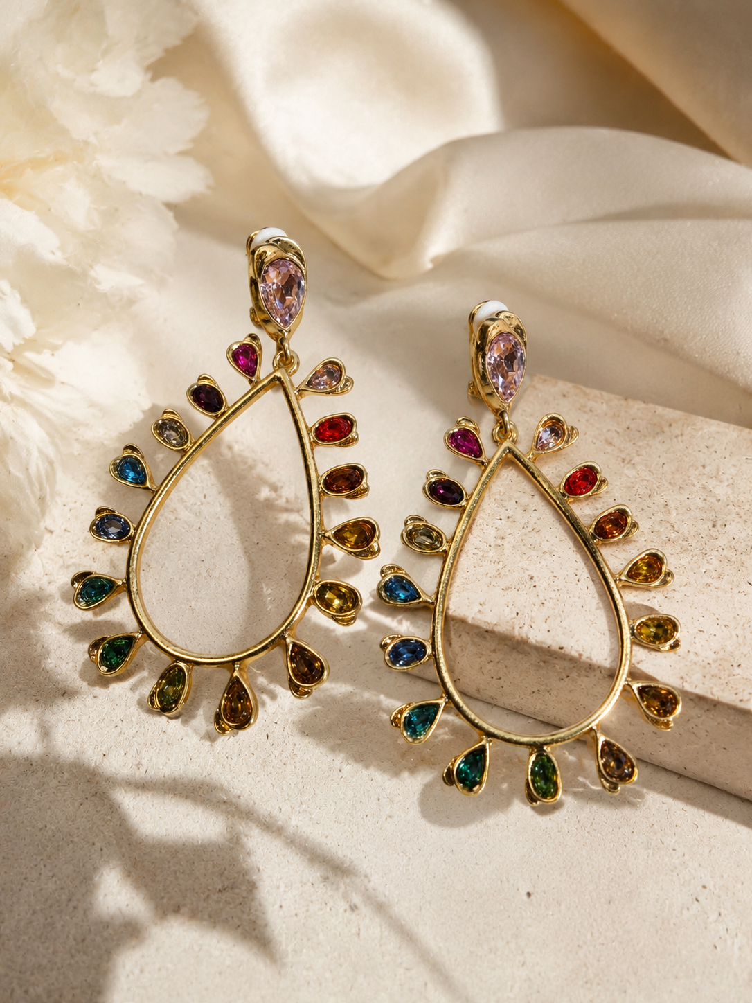Gold-tone multicolor crystal-style large teardrop clip-on earrings from Rustic Jewel Co
