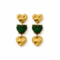 Gold-tone deep green glass heart triple-pendant stud earrings