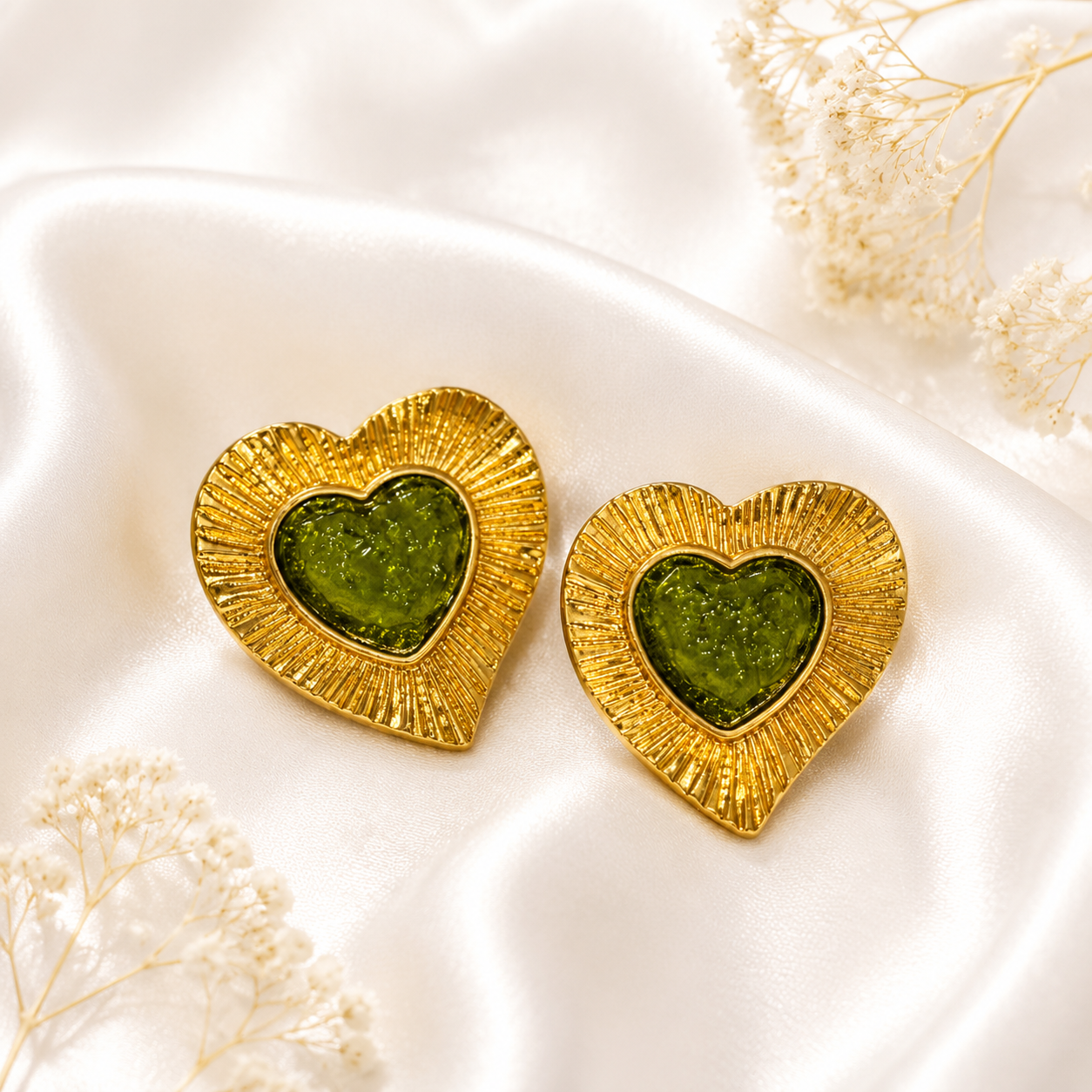 Light green heart glass stud earrings with a gold-tone setting