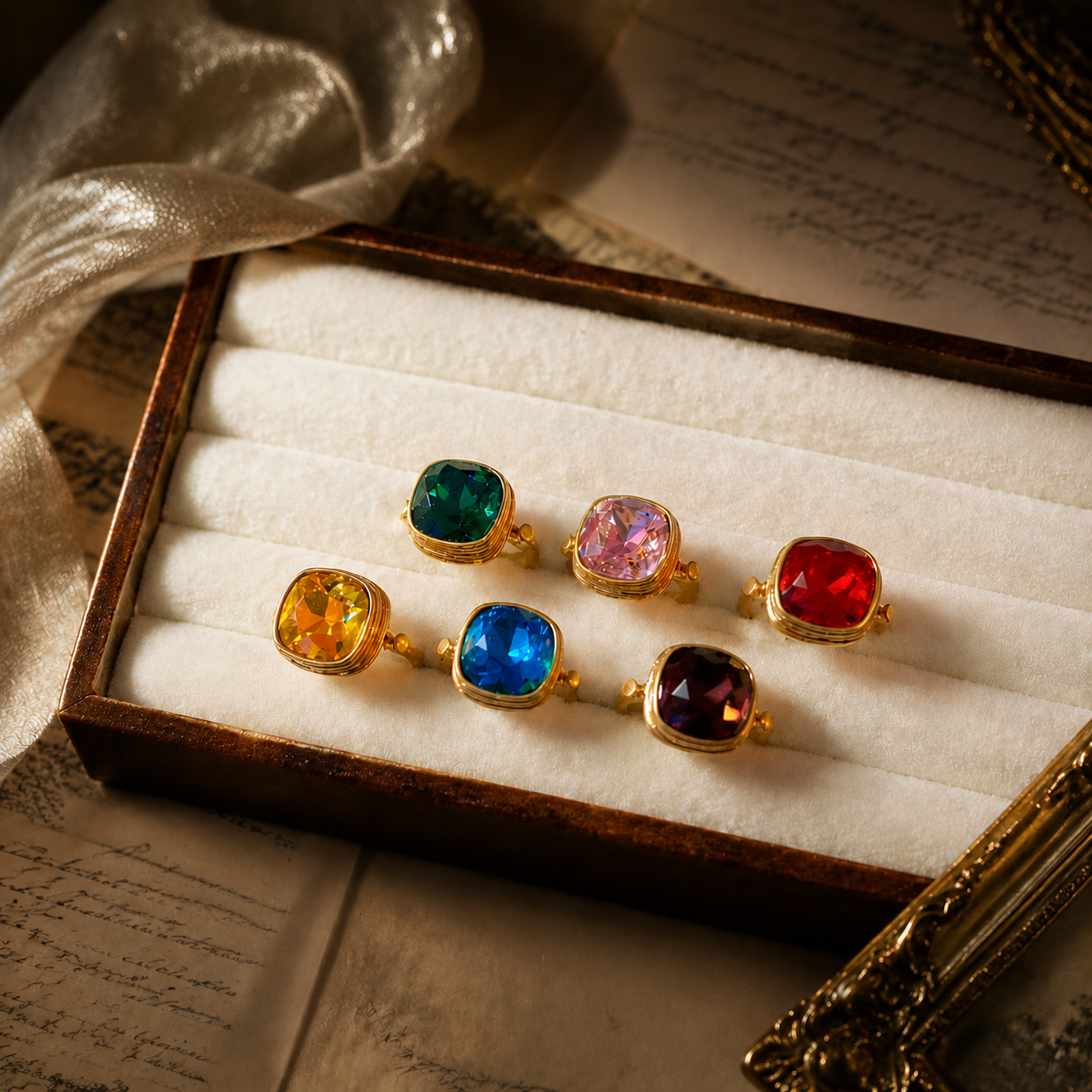Gold-Tone Multicolor Crystal-Style-Style Square Statement Ring