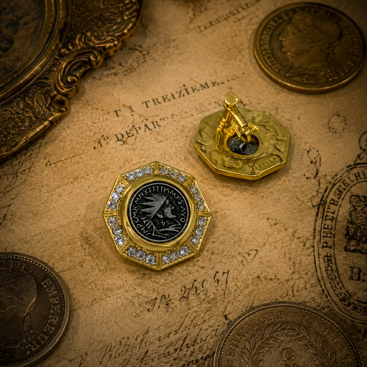Gold-tone black coin-style earrings back view showing clip-on closure