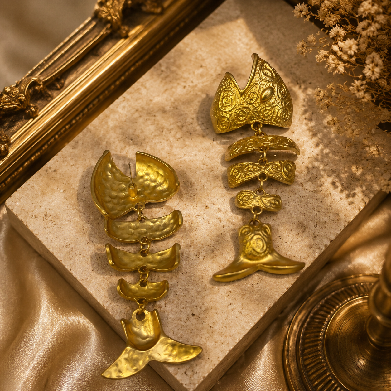 Gold-tone fish tail dangle stud earring showing front and back views with a visible stud post