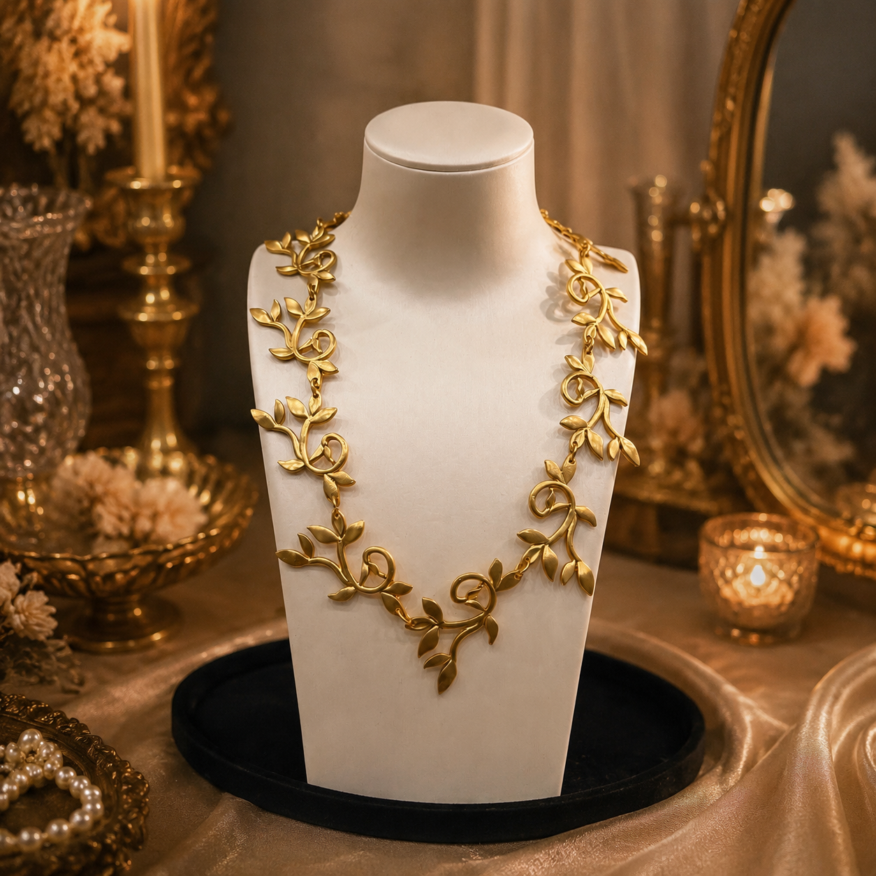 Gold-tone leaf vine necklace displayed on a white necklace bust