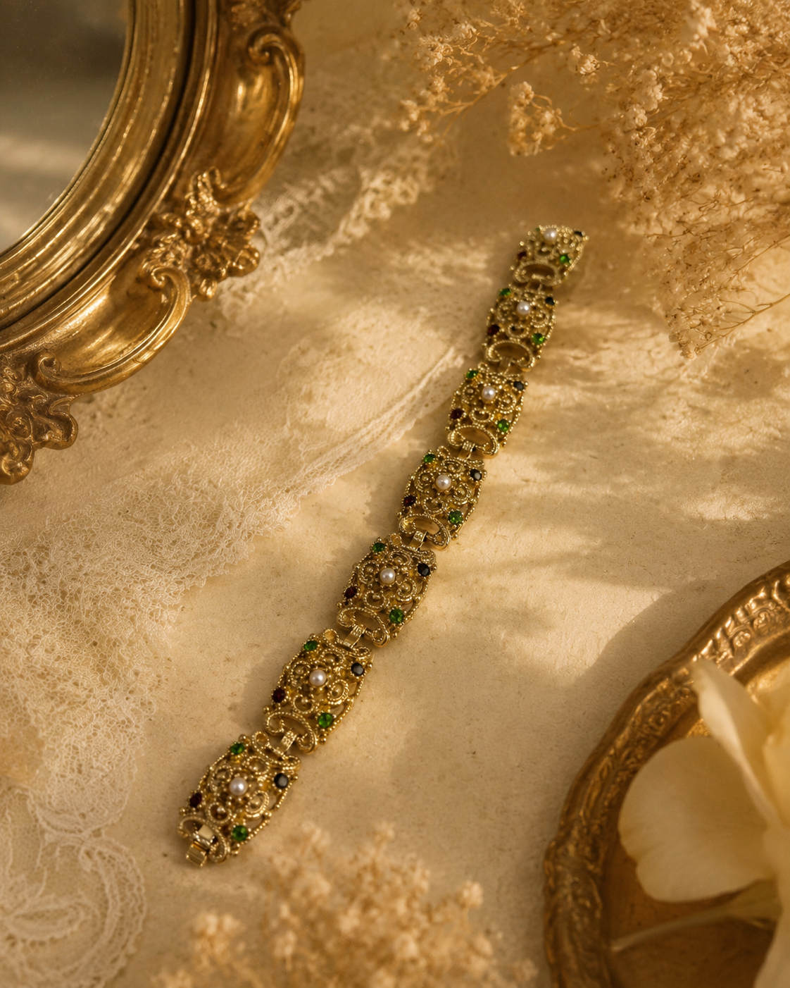 Gold-tone ornate pearl-style link bracelet size 8 flat lay