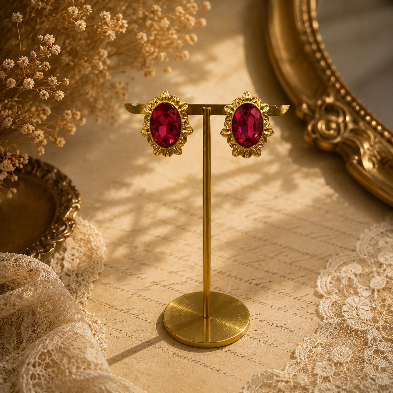 Gold-tone vivid pink oval floral stud earrings display view