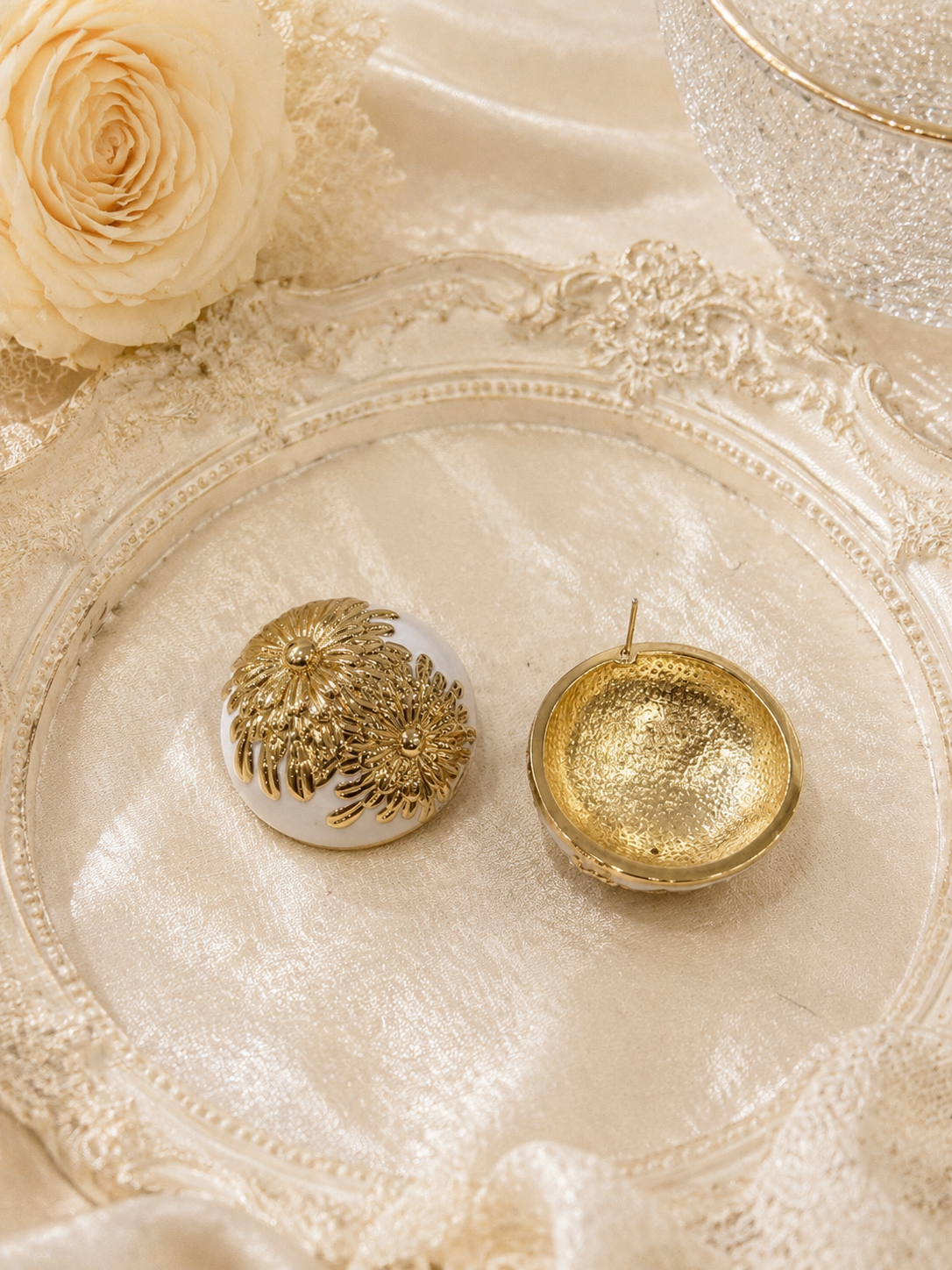 Gold-tone white floral stud earrings back view with post