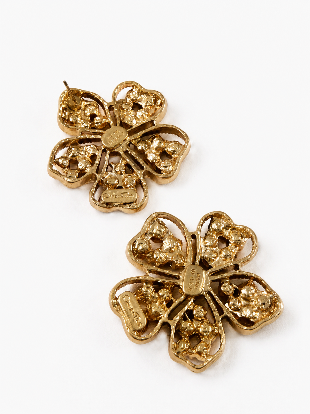 Gold-tone pearl-style-style flower stud earrings back view