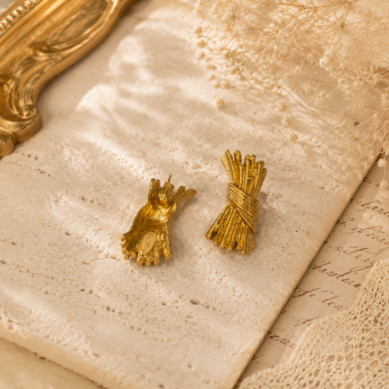 Gold-tone sculptural wrapped bundle stud earrings front and post-back detail