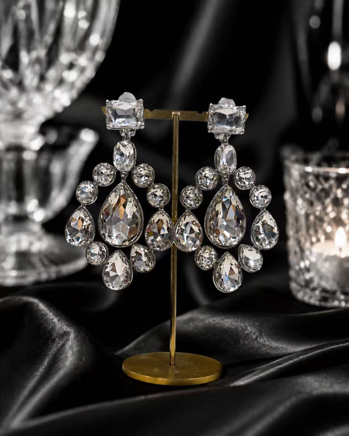 Silver-tone clear crystal-style-style chandelier clip-on earrings front view