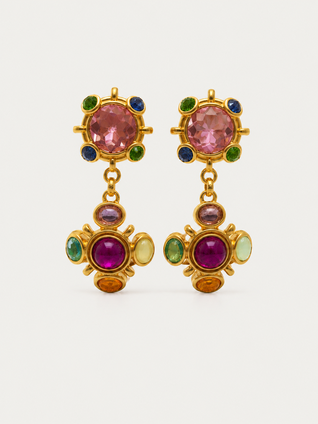Pair of gold-tone drop earrings with rounded multicolor accents