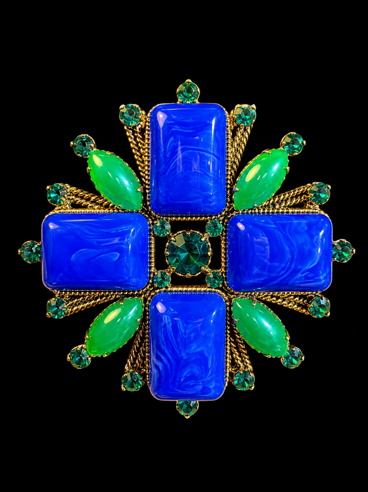 Gold-Tone Blue and Green Stone-Style Cross Brooch Pendant