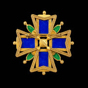 Gold-Tone Blue and Green Stone-Style Cross Brooch Pendant