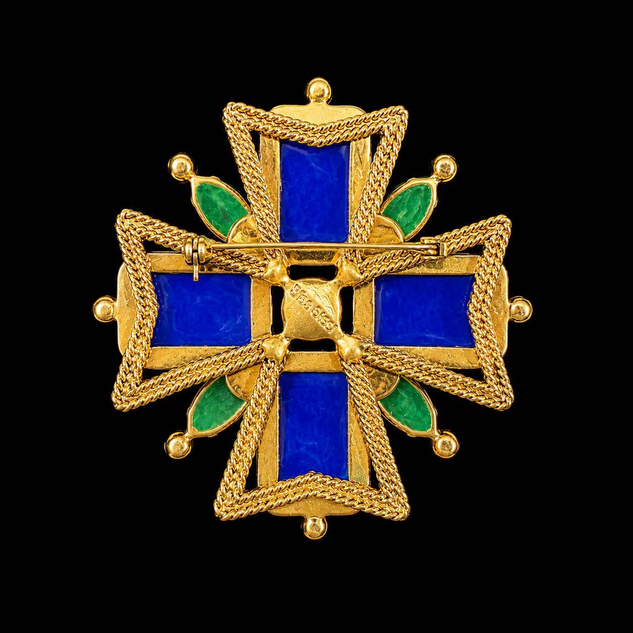 Gold-Tone Blue and Green Stone-Style Cross Brooch Pendant