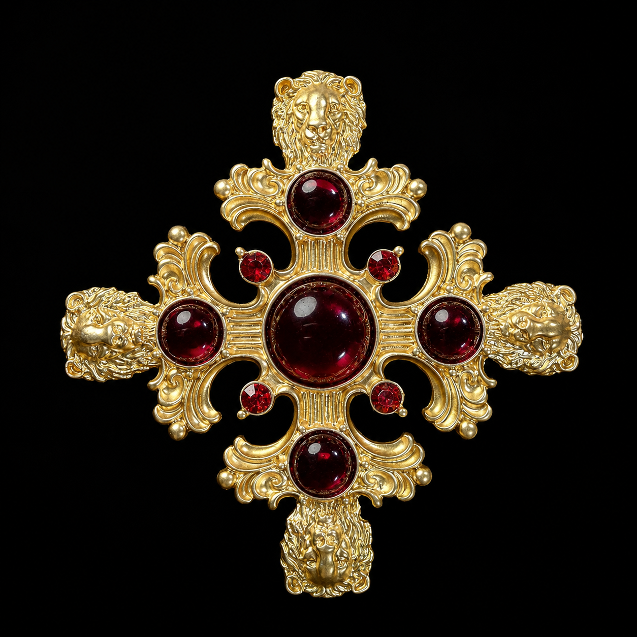 Gold-Tone Red Lion Cross Brooch Pendant