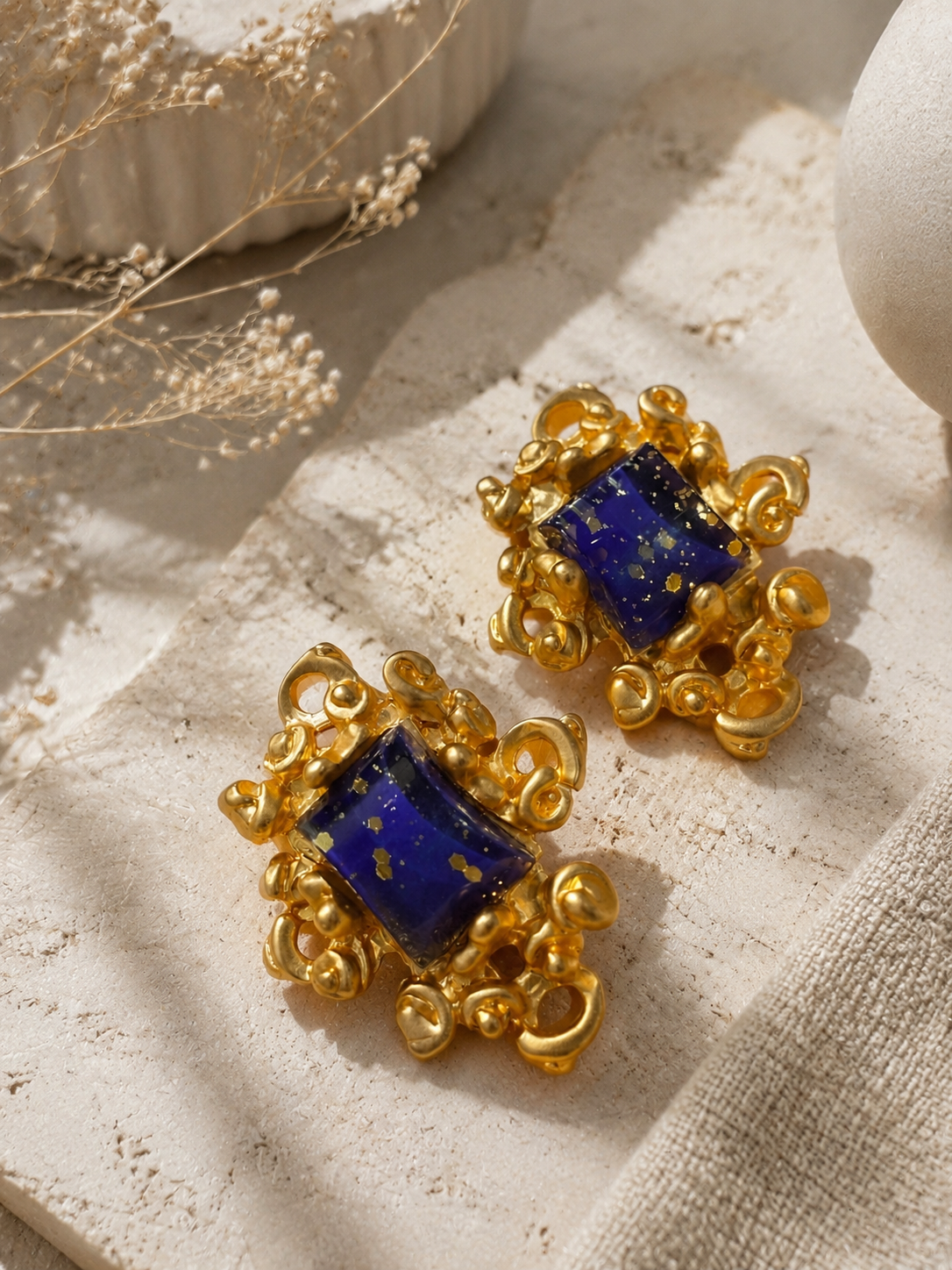 Gold-Tone Sculptural Blue Stone-Style Square Statement Earrings and Ear Clip Set