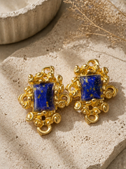Gold-Tone Sculptural Blue Stone-Style Square Statement Earrings and Ear Clip Set