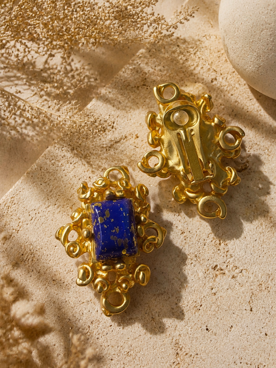 Gold-Tone Sculptural Blue Stone-Style Square Statement Earrings and Ear Clip Set
