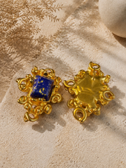 Gold-Tone Sculptural Blue Stone-Style Square Statement Earrings and Ear Clip Set