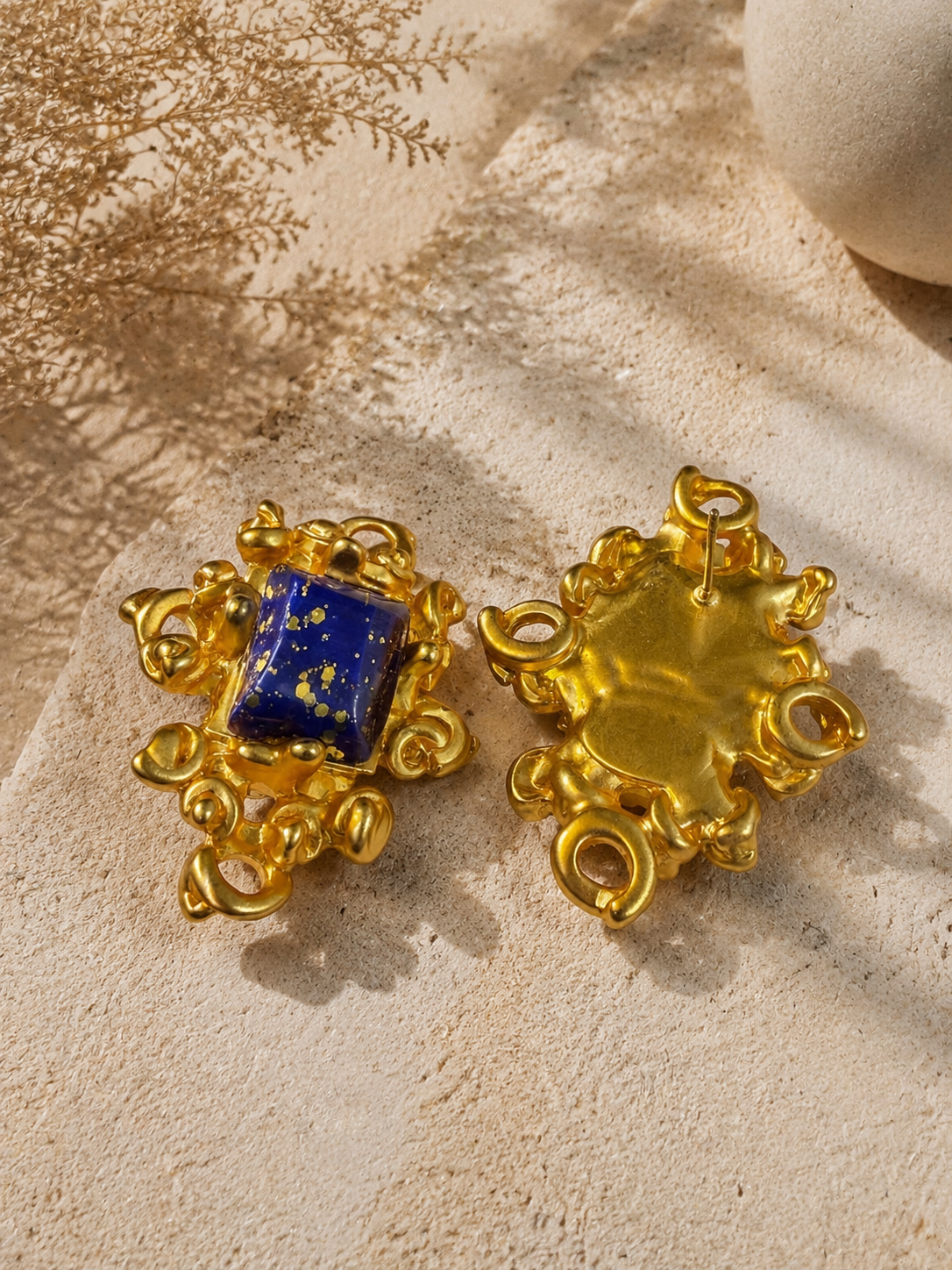 Gold-Tone Sculptural Blue Stone-Style Square Statement Earrings and Ear Clip Set