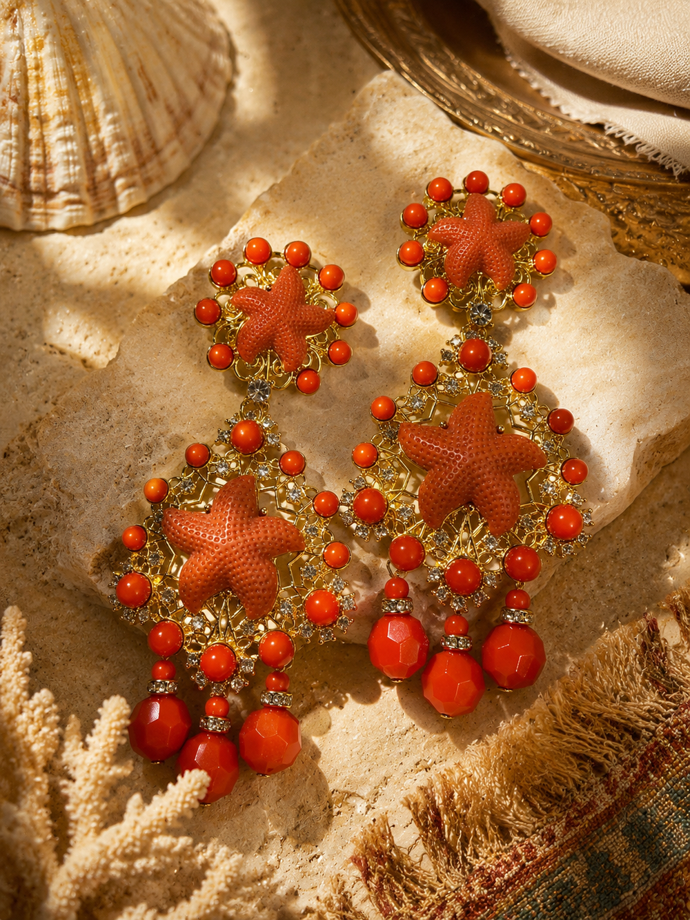 Gold-Tone Orange Starfish and Red Bead Sculptural Statement Ear Clip Earrings