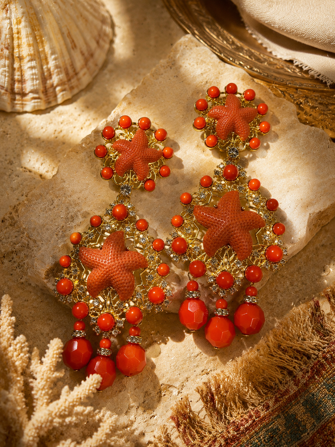 Gold-Tone Orange Starfish and Red Bead Sculptural Statement Ear Clip Earrings