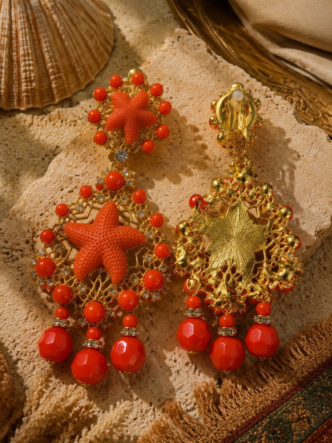 Gold-Tone Orange Starfish and Red Bead Sculptural Statement Ear Clip Earrings
