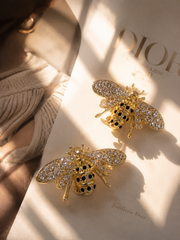 Bee Motif Crystal-Embellished Gold Statement Ear Clip Earrings Sculptural Design
