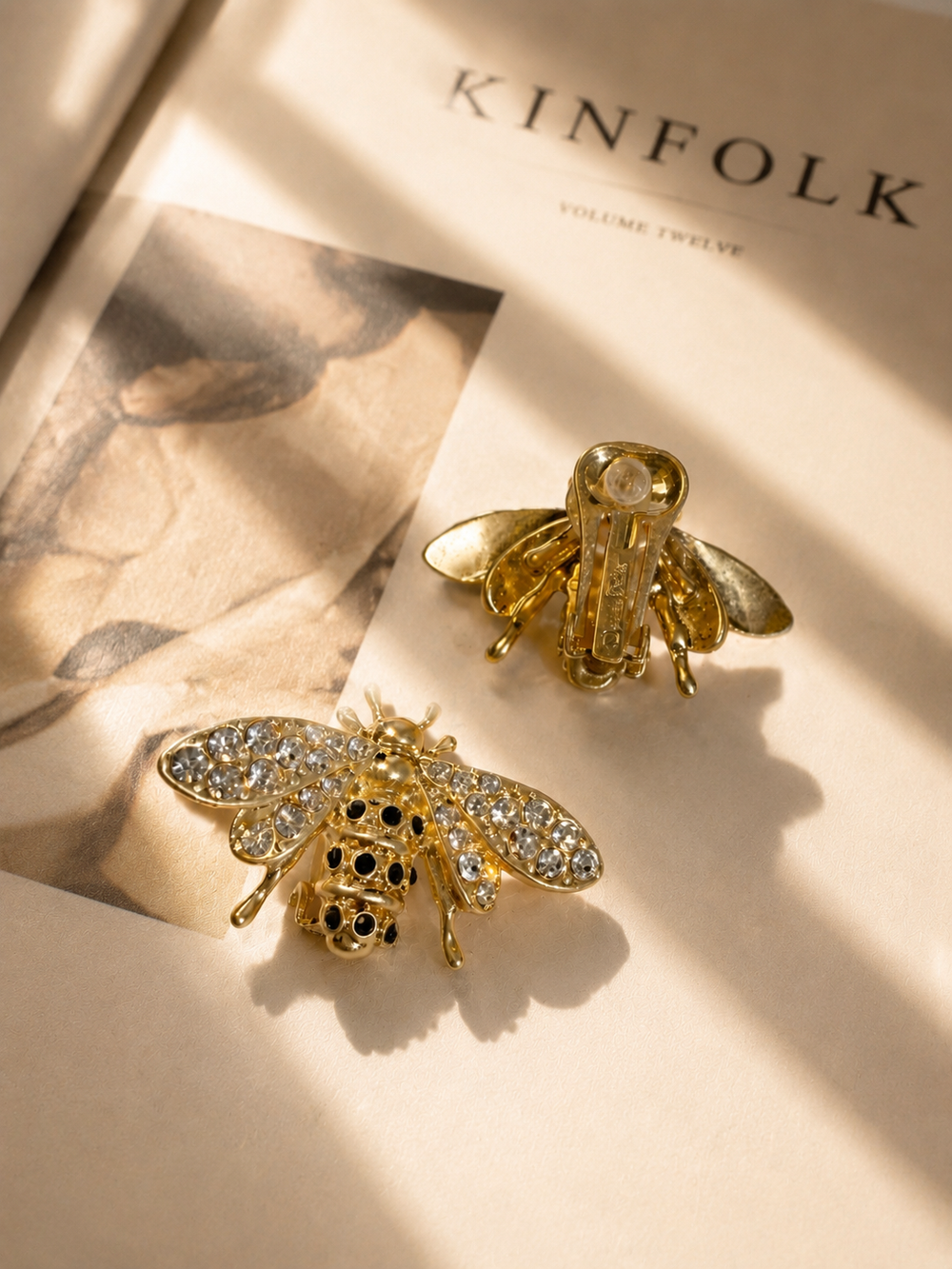 Bee Motif Crystal-Embellished Gold Statement Ear Clip Earrings Sculptural Design