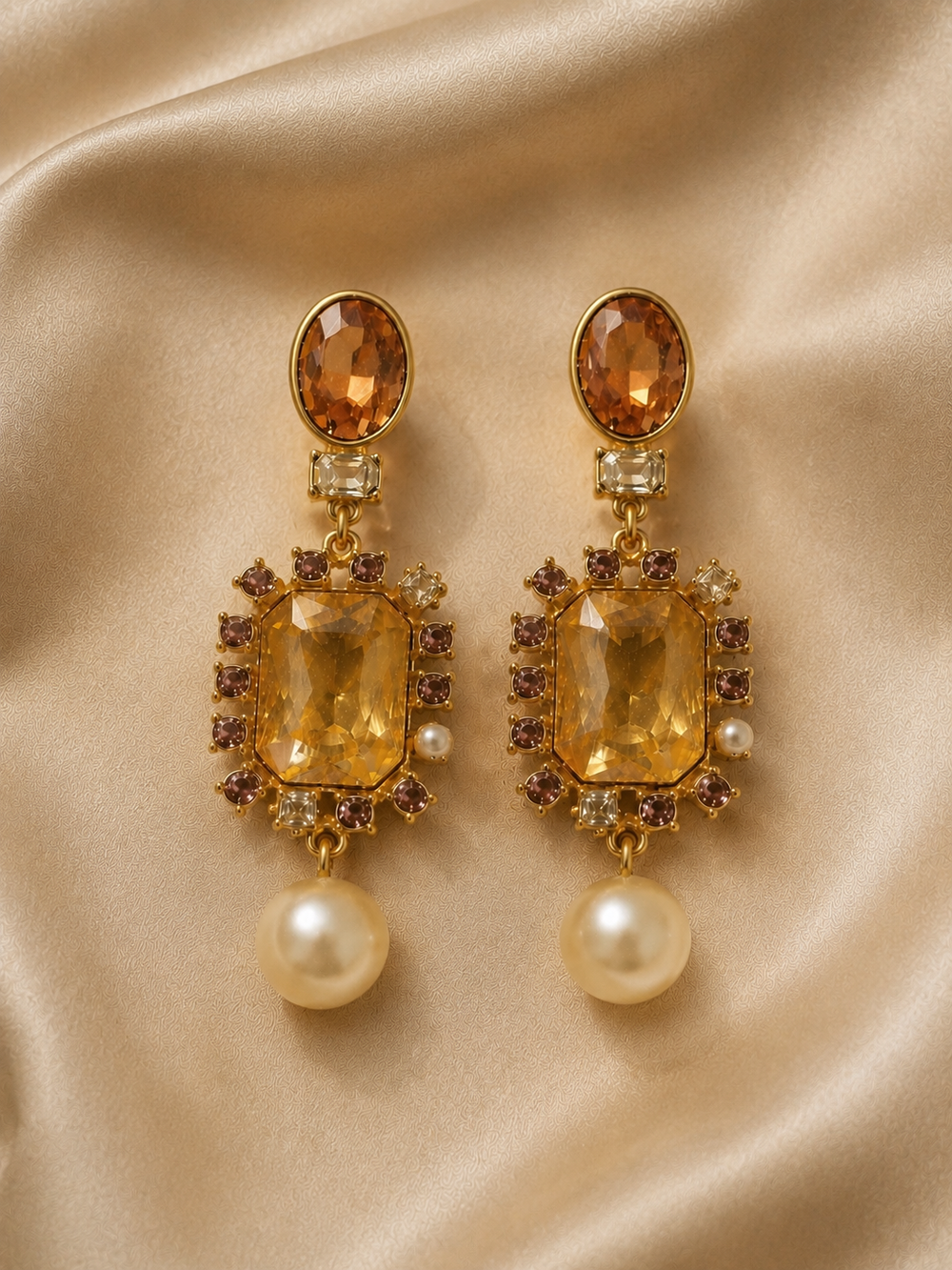 Gold-Tone Amber Crystal and Pearl Vintage-Inspired Sculptural Statement Earrings