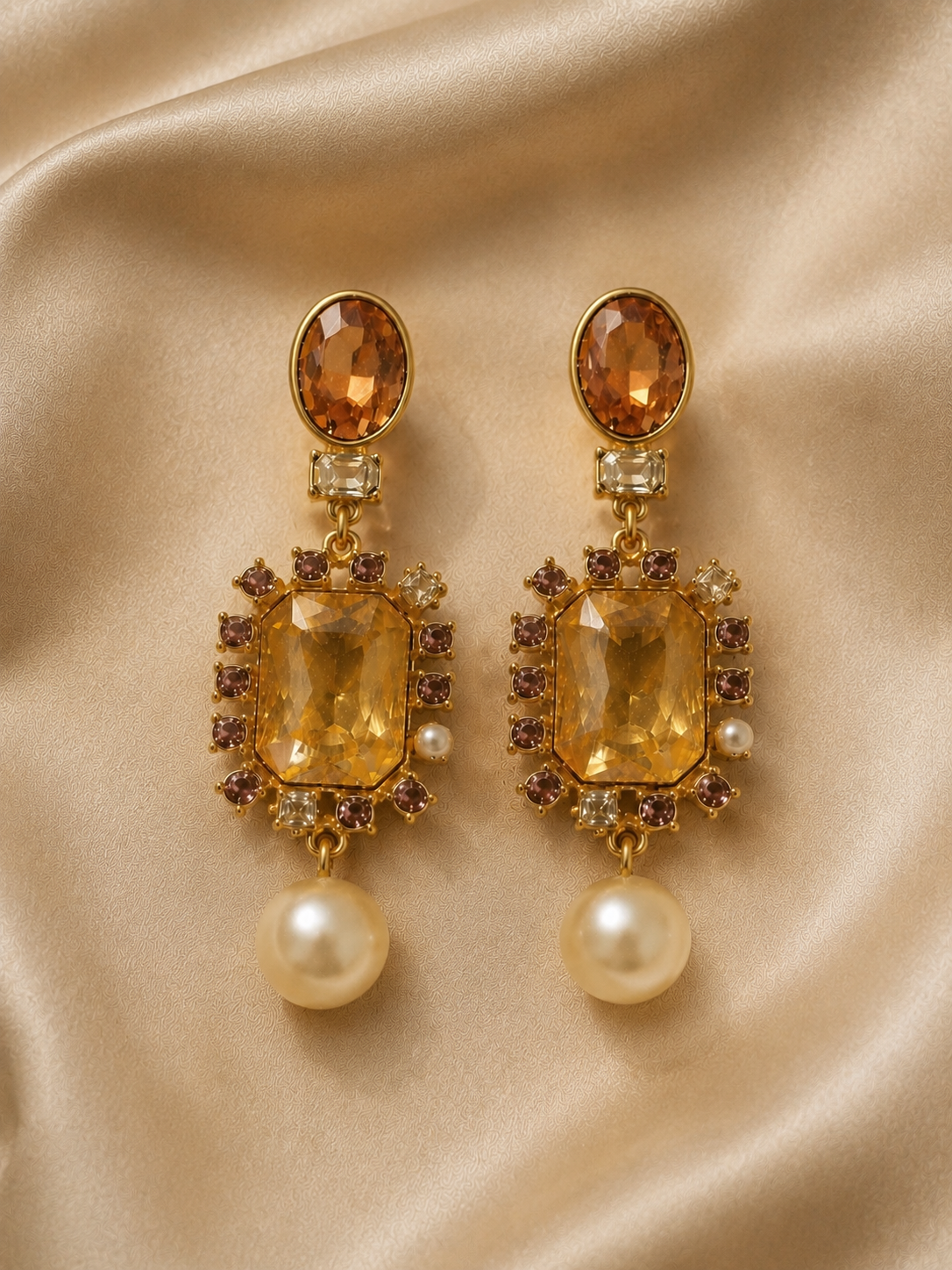 Gold-Tone Amber Crystal and Pearl Vintage-Inspired Sculptural Statement Earrings