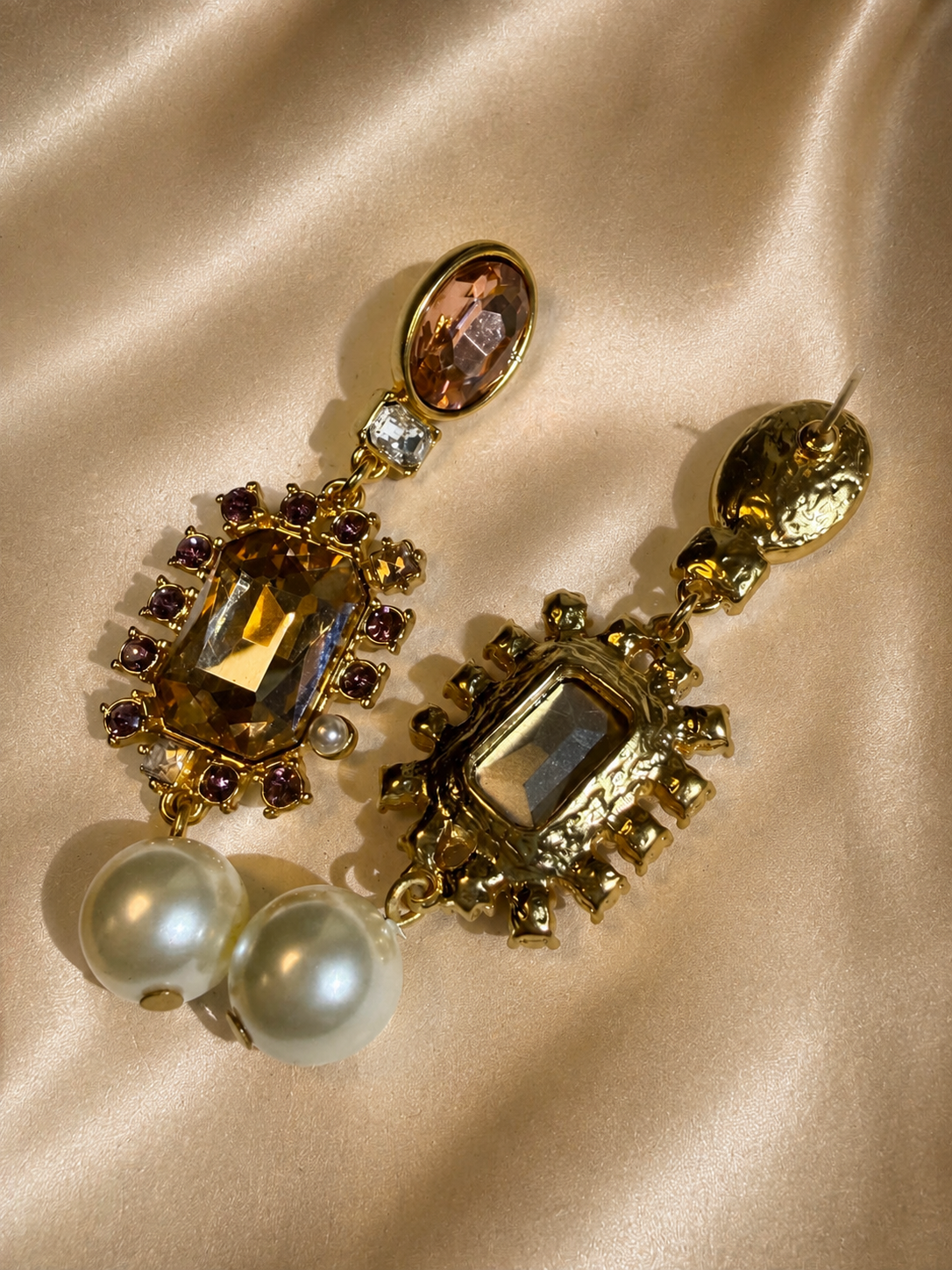 Gold-Tone Amber Crystal and Pearl Vintage-Inspired Sculptural Statement Earrings
