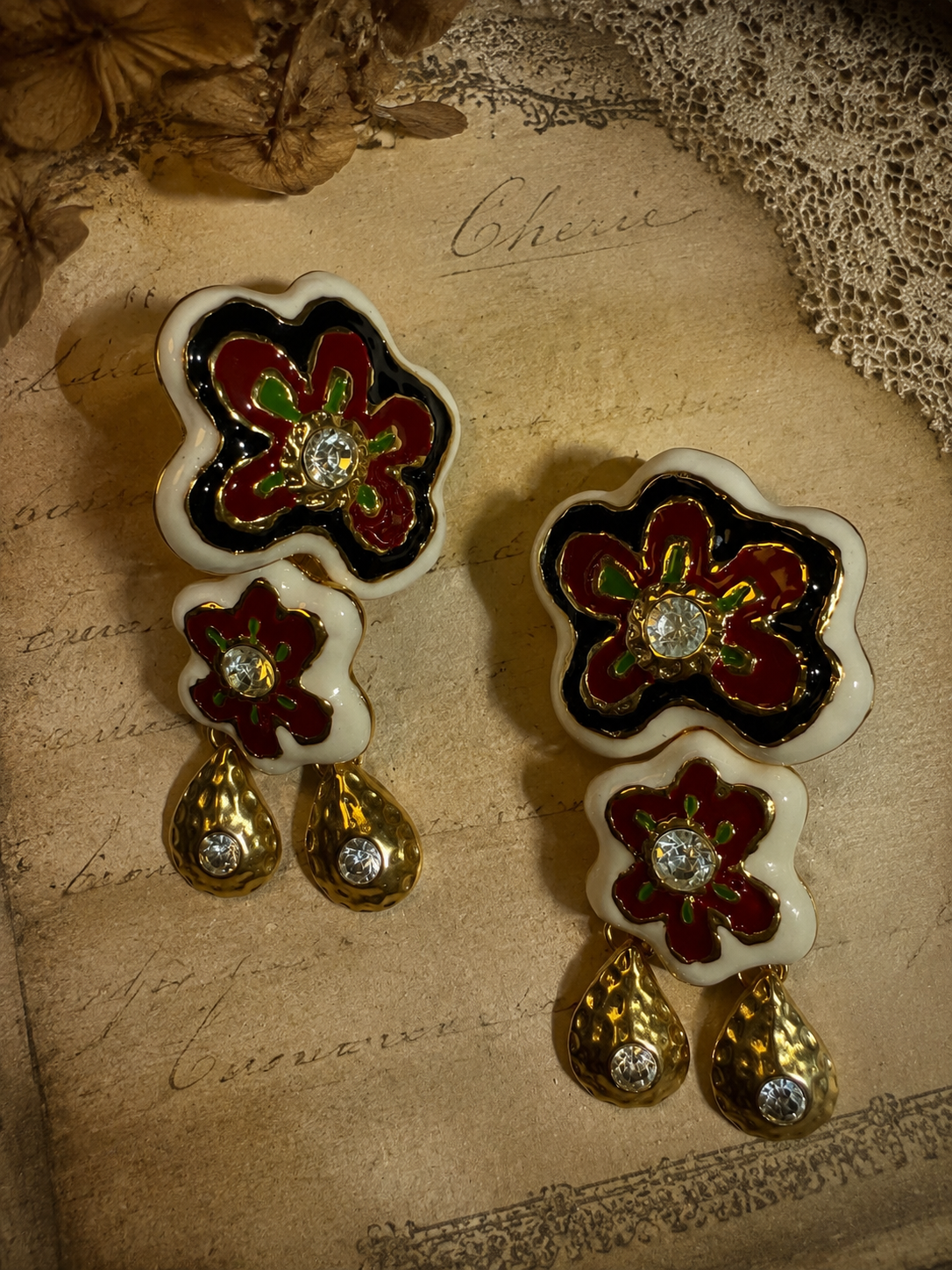 Gold-Tone Red Black Floral Enamel Pearl Sculptural Statement Ear Clip Earrings