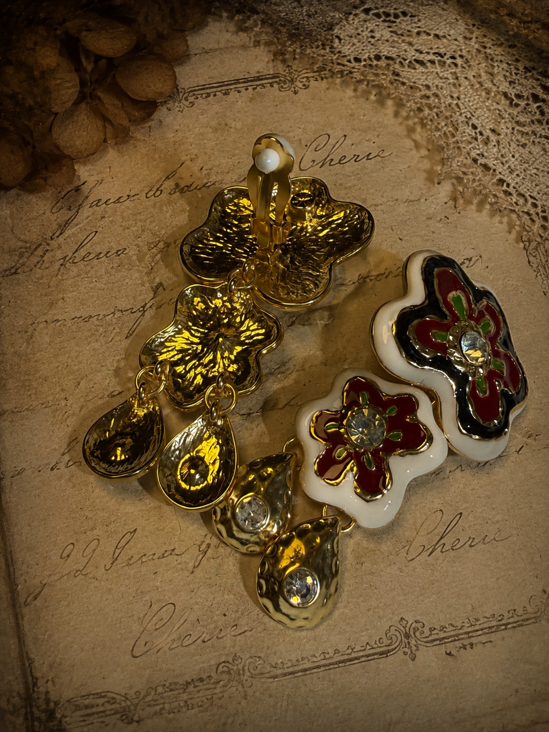 Gold-Tone Red Black Floral Enamel Pearl Sculptural Statement Ear Clip Earrings