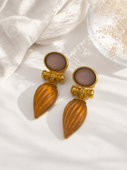 Gold-Tone Amber Crystal Pearl Sculptural Vintage Statement Ear Clip Earrings