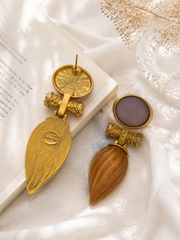 Gold-Tone Amber Crystal Pearl Sculptural Vintage Statement Ear Clip Earrings
