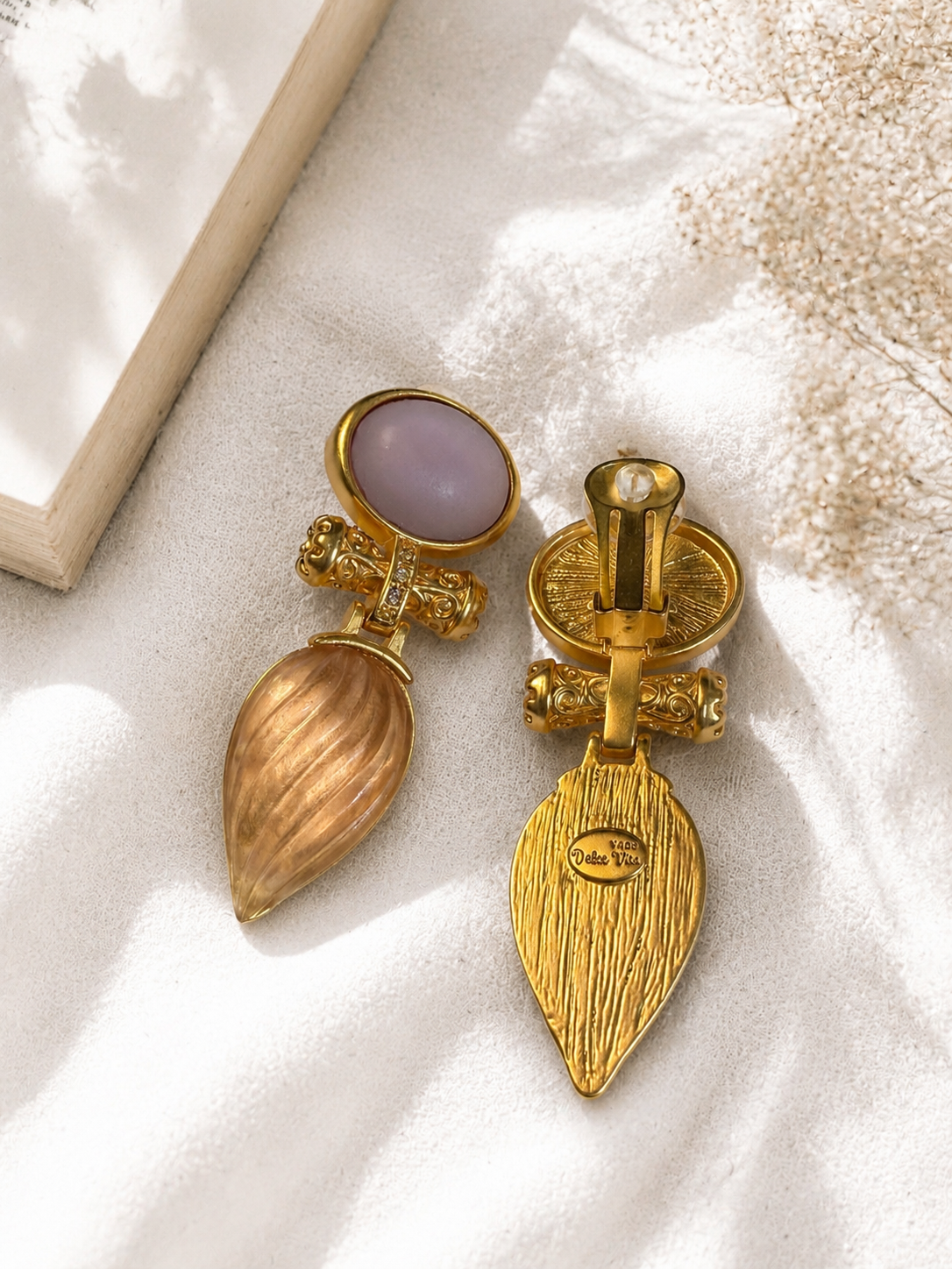 Gold-Tone Amber Crystal Pearl Sculptural Vintage Statement Ear Clip Earrings