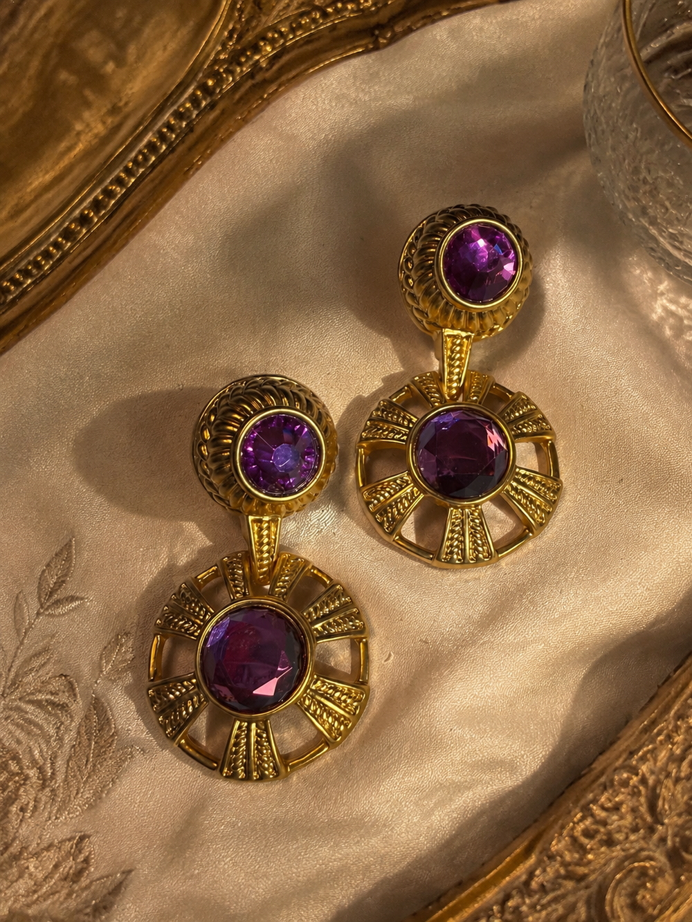 Gold-Tone Purple Crystal Vintage Sculptural Statement Earrings and Ear Clip