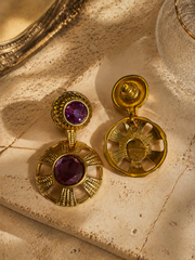 Gold-Tone Purple Crystal Vintage Sculptural Statement Earrings and Ear Clip