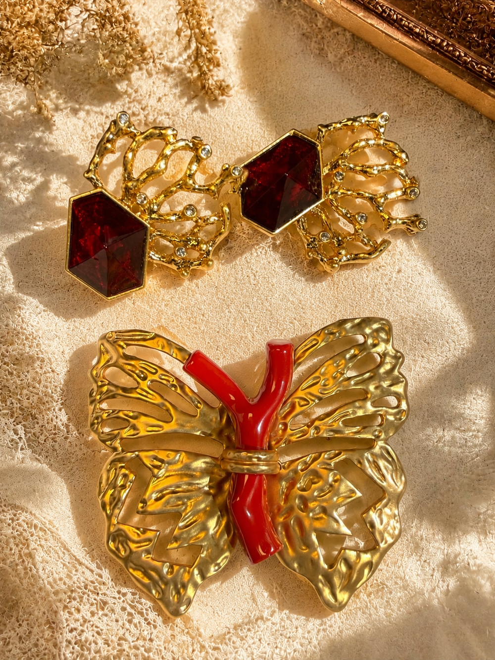Coral Red Gold Butterfly Brooch and Ear Clip Statement Set Vintage Sculptural Jewelry