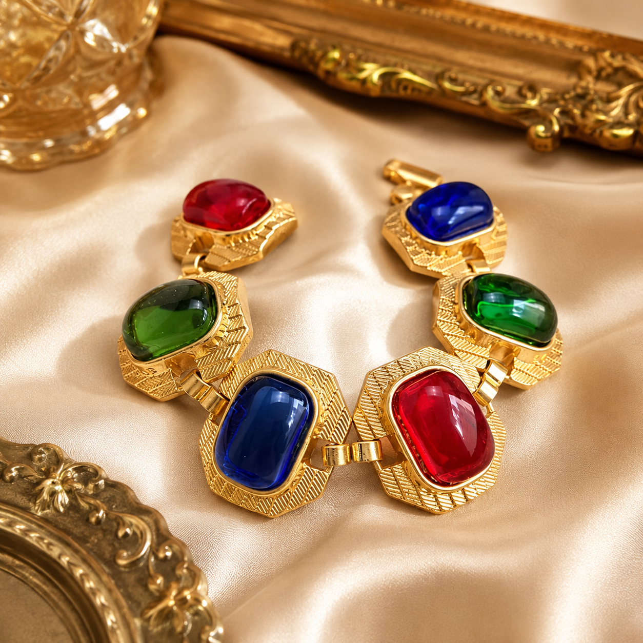 Gold-Tone Color Glass Stone-Style Statement Chain Bracelet