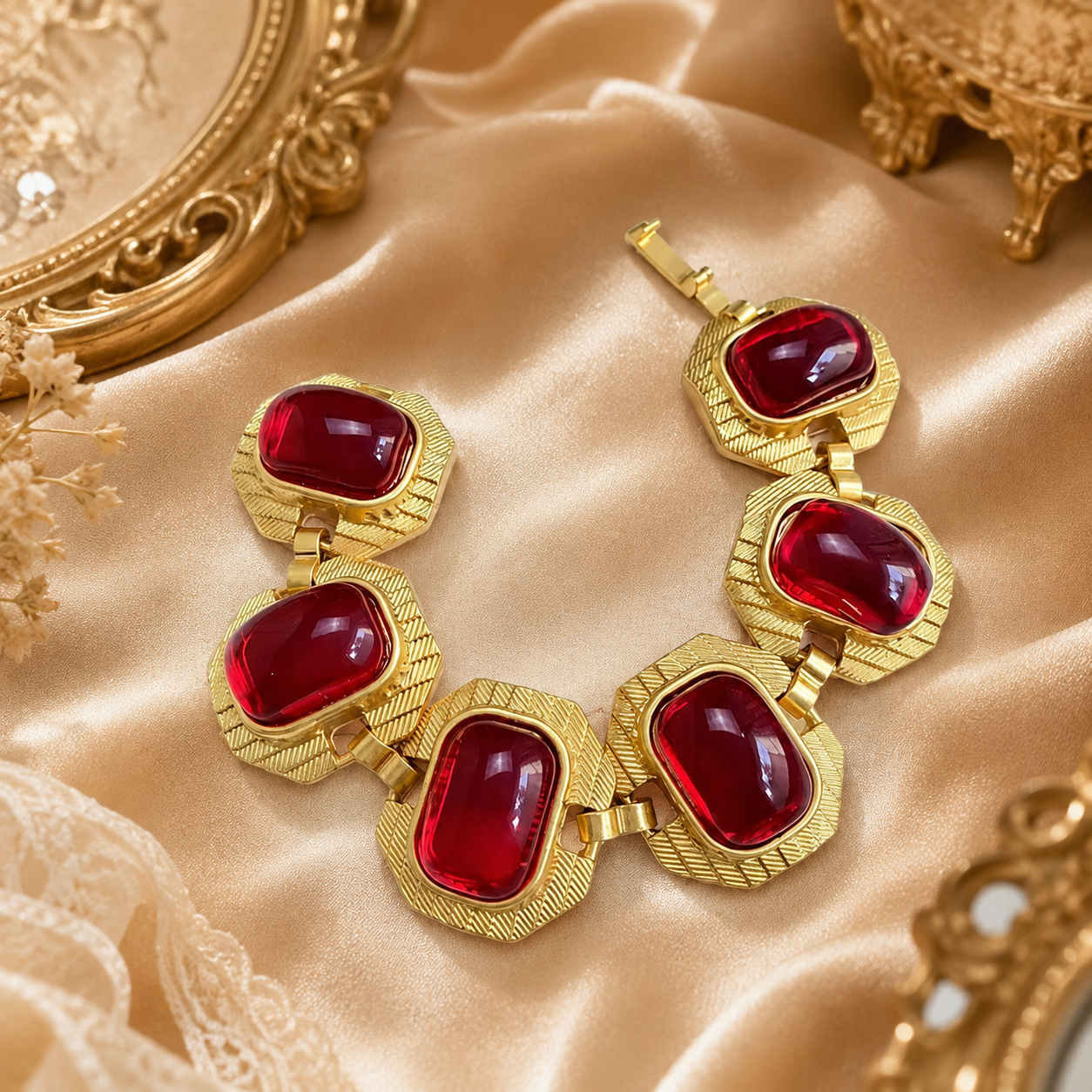 Gold-Tone Color Glass Stone-Style Statement Chain Bracelet