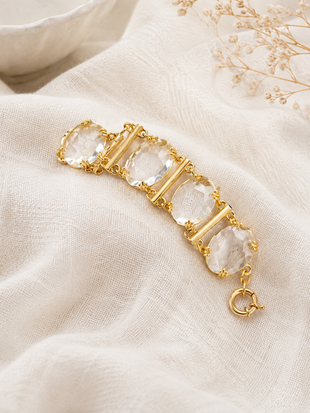 Gold-Tone Transparent Glass Faceted Statement Chain Bracelet