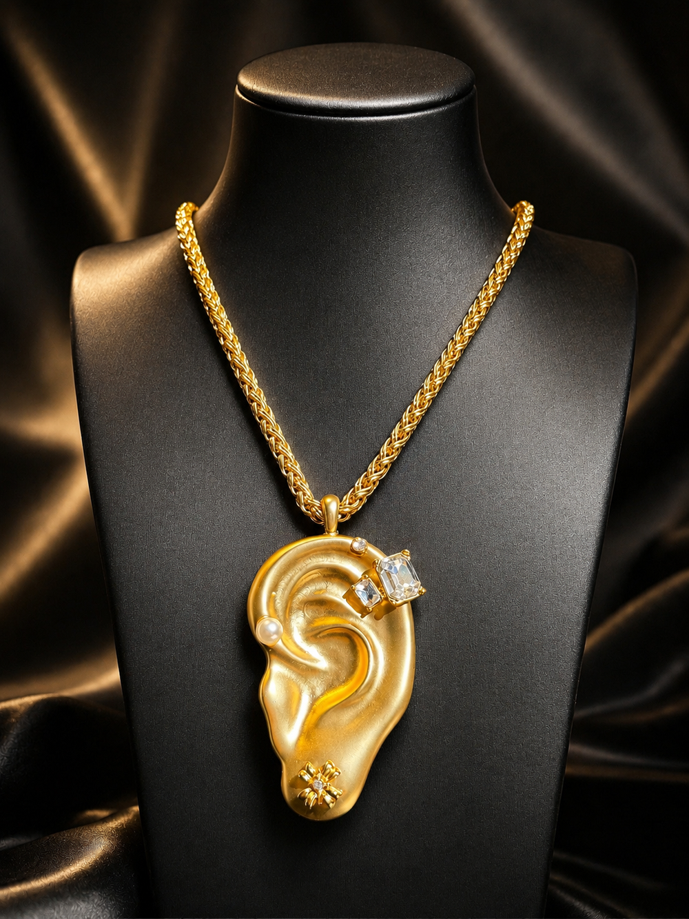 Gold-Tone Ear Sculptural Crystal Statement Pendant Necklace