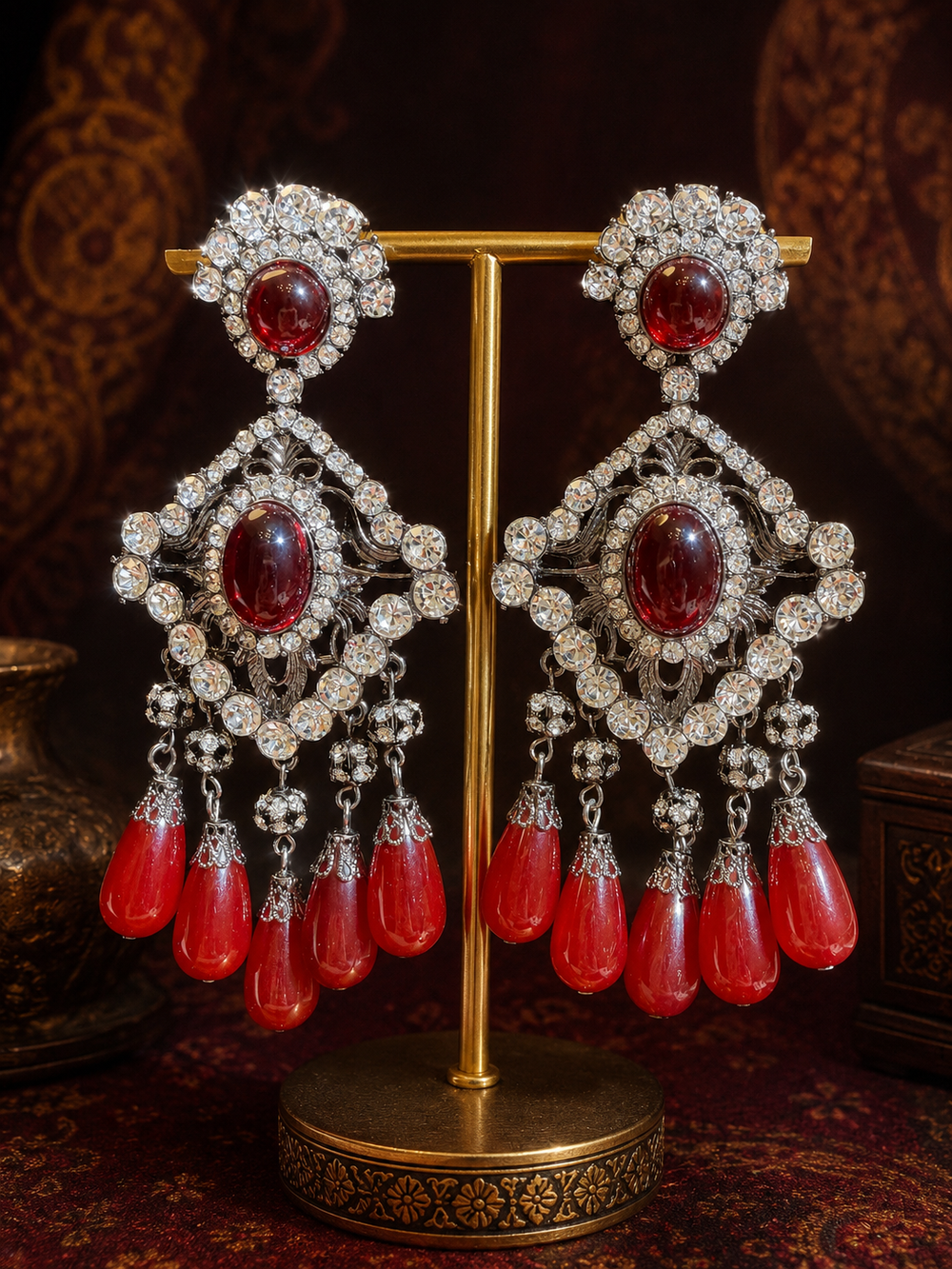 Oversized Red Crystal Teardrop Sculptural Statement Ear Clip Earrings
