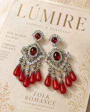 Oversized Red Crystal Teardrop Sculptural Statement Ear Clip Earrings