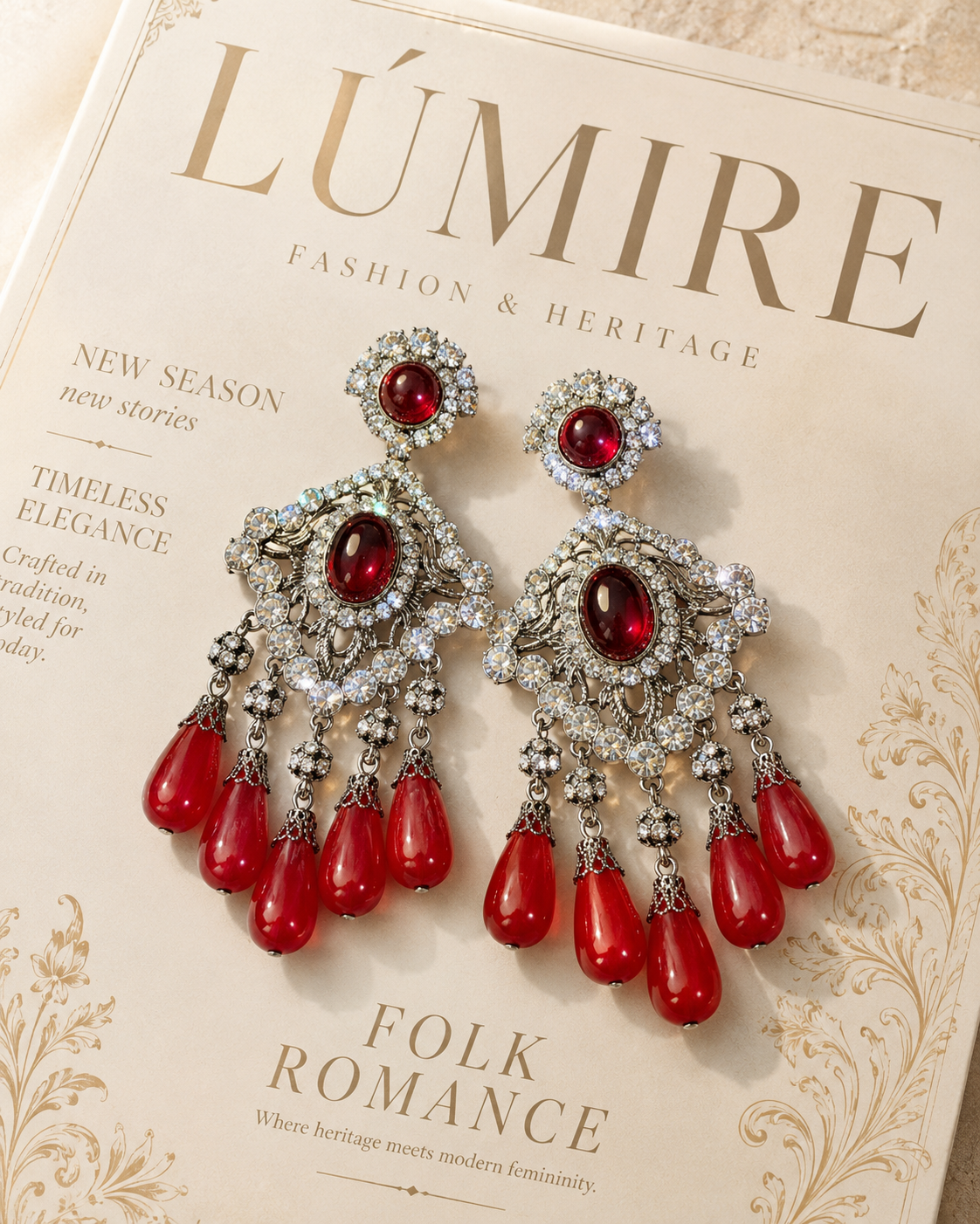 Oversized Red Crystal Teardrop Sculptural Statement Ear Clip Earrings
