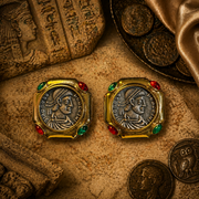 Vintage-Inspired Coin Relief Red Green Stone-Style Statement Earrings (Stud or Ear Clip Available)