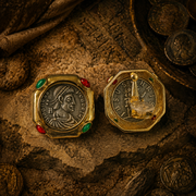 Vintage-Inspired Coin Relief Red Green Stone-Style Statement Earrings (Stud or Ear Clip Available)